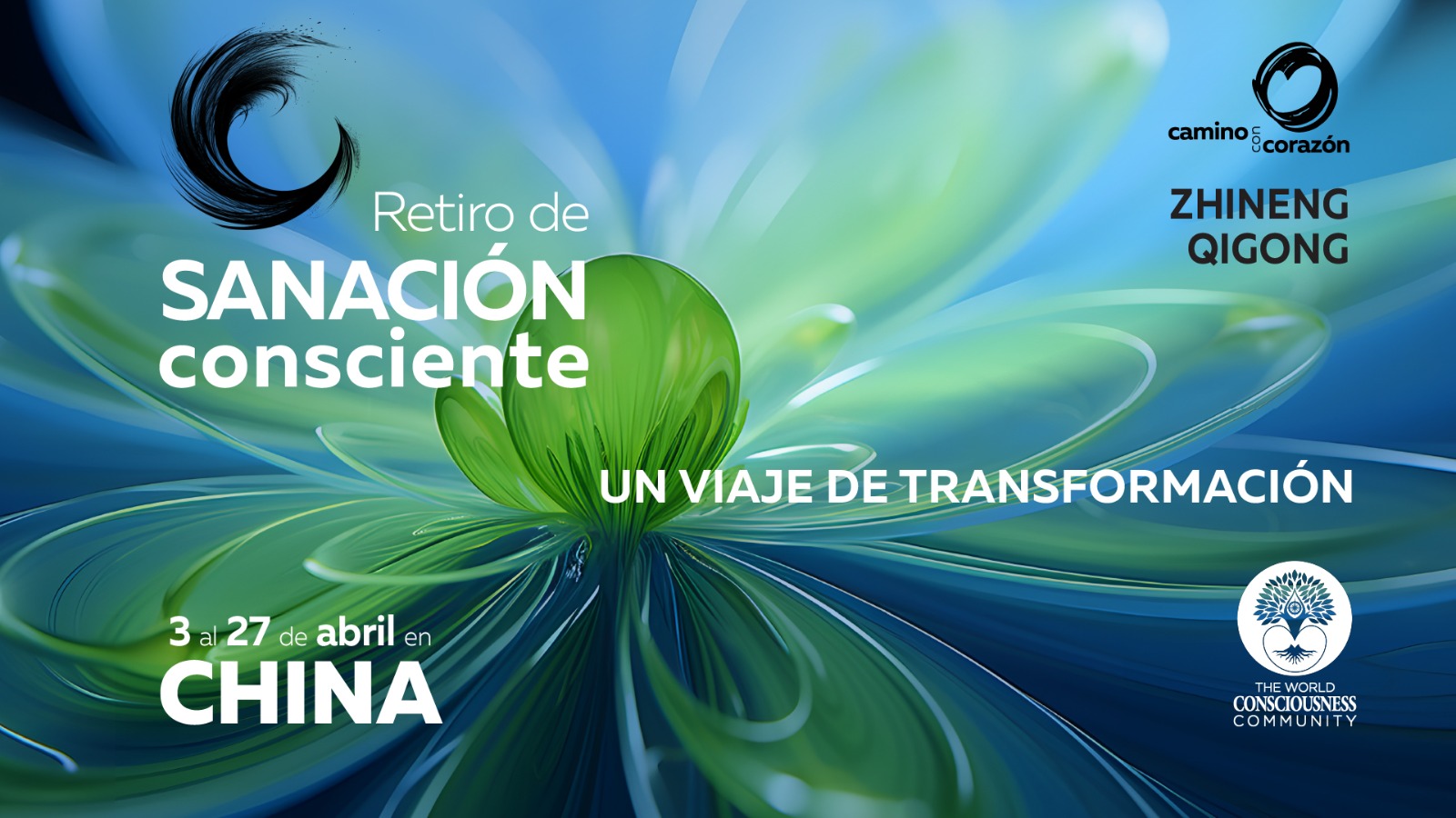 Una flor de loto verde con fondo azul, y letras sobre el retiro de sanación en China, dos logotipos en negro